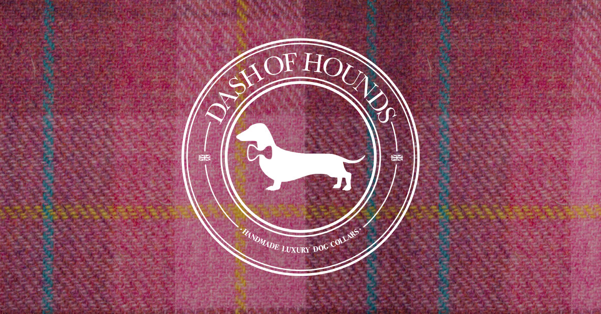 Dash Of Hounds Logo on top of the rose pink Harris Tweed