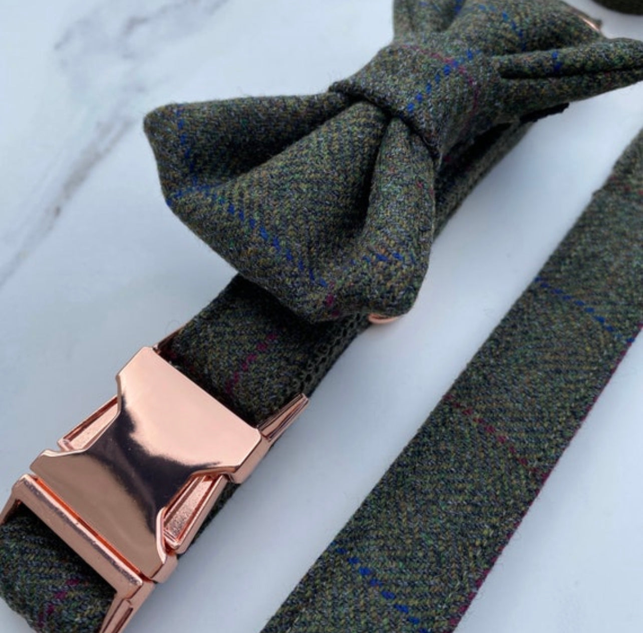 Green Tweed Dog Collar Bow & Lead Set Hunter & Co.