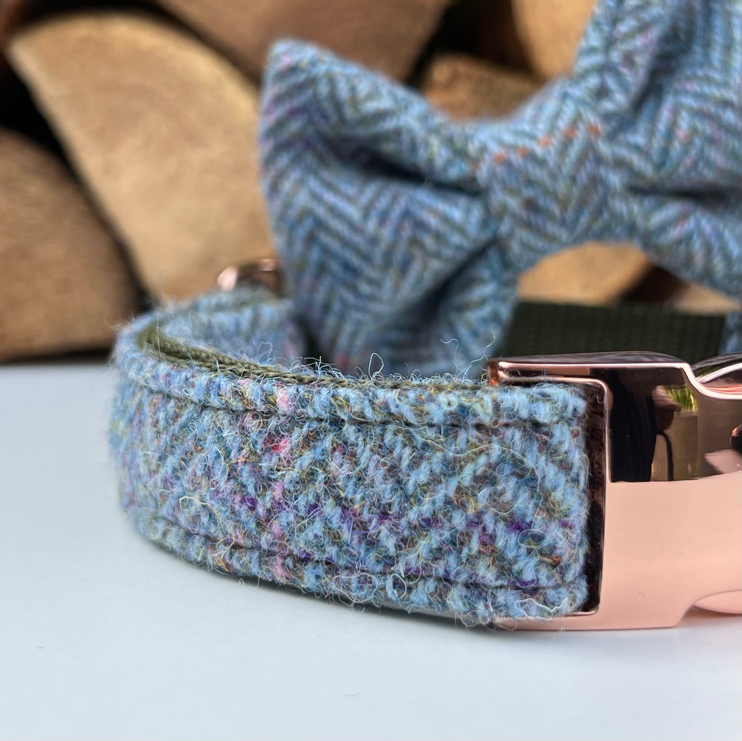 Harris Tweed® Heritage Blue Green Tweed Dog Collar Bow & Lead Set Hunter & Co.