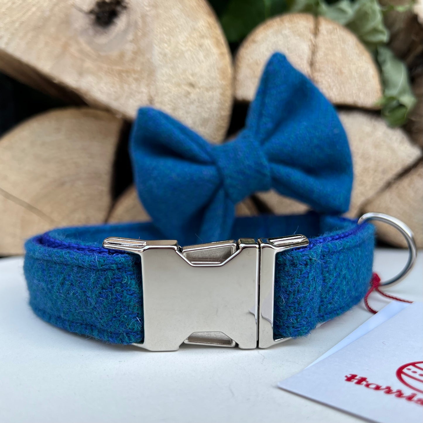 Harris Tweed® Royal Blue Green herringbone Dog Collar Bow & Lead Set Hunter & Co.