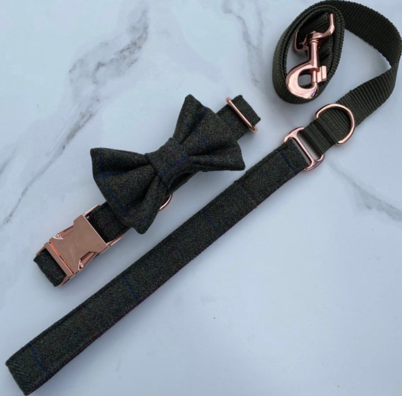 Green Tweed Dog Collar Bow & Lead Set Hunter & Co.