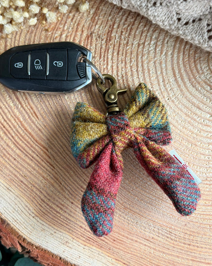 Harris Tweed® Bow Keyring | Bag Charm | Autumn Highland Teal Dash Of Hounds