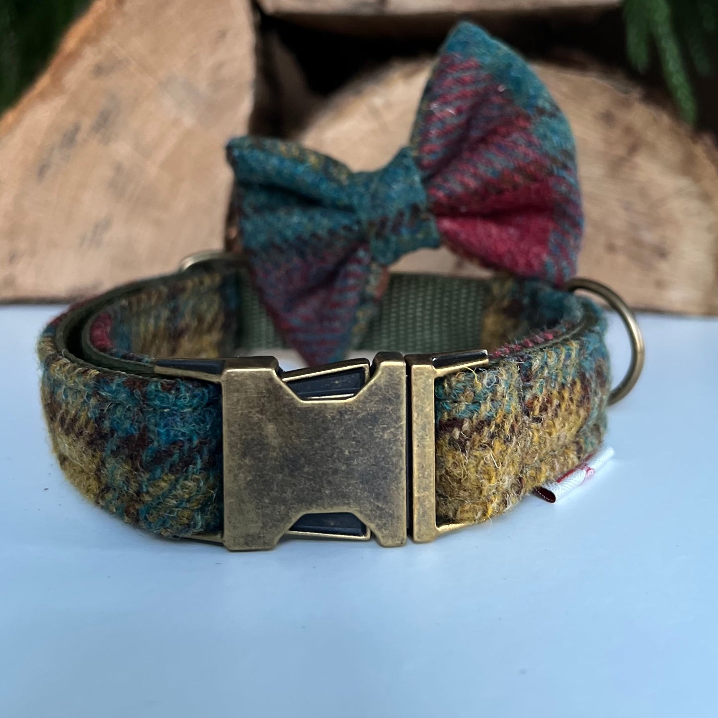 Harris Tweed® Autumn Highland Teal Dog Collar Bow & Lead Set
