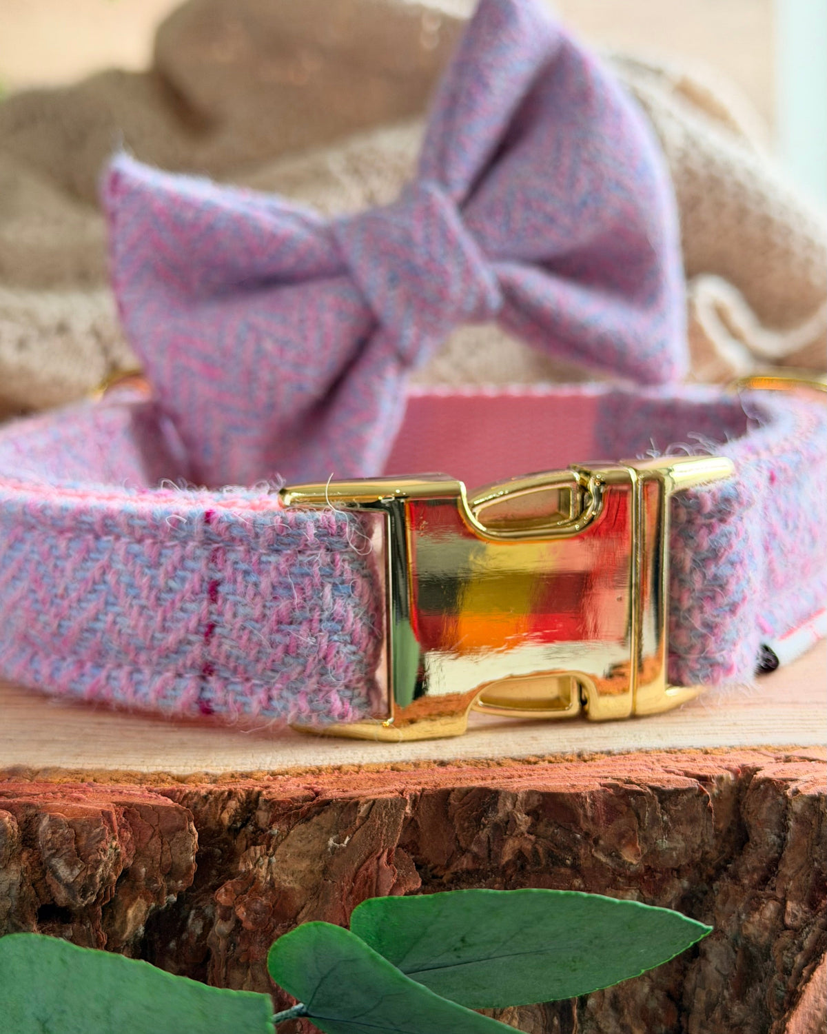 Harris Tweed® Heather Mist Pink Lilac Tweed Dog Collar Bow & Lead Set (Copy) Dash Of Hounds