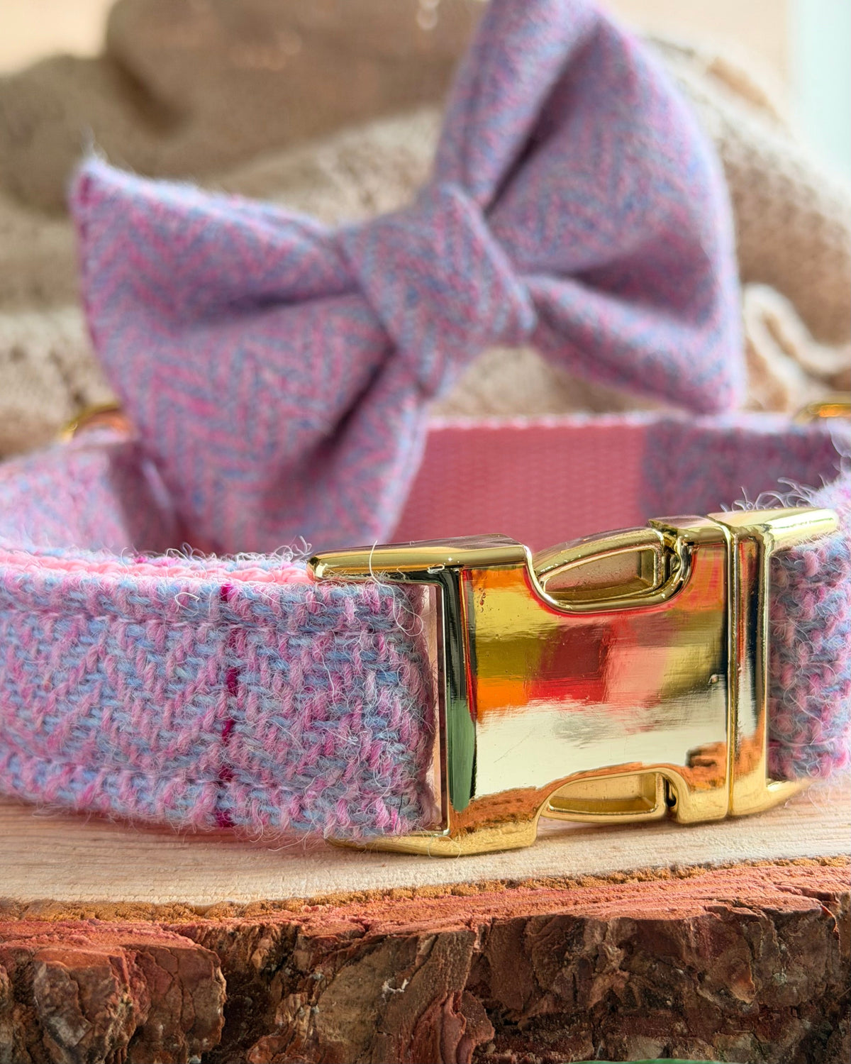 Harris Tweed® Heather Mist Pink Lilac Tweed Dog Collar Bow & Lead Set (Copy) Dash Of Hounds