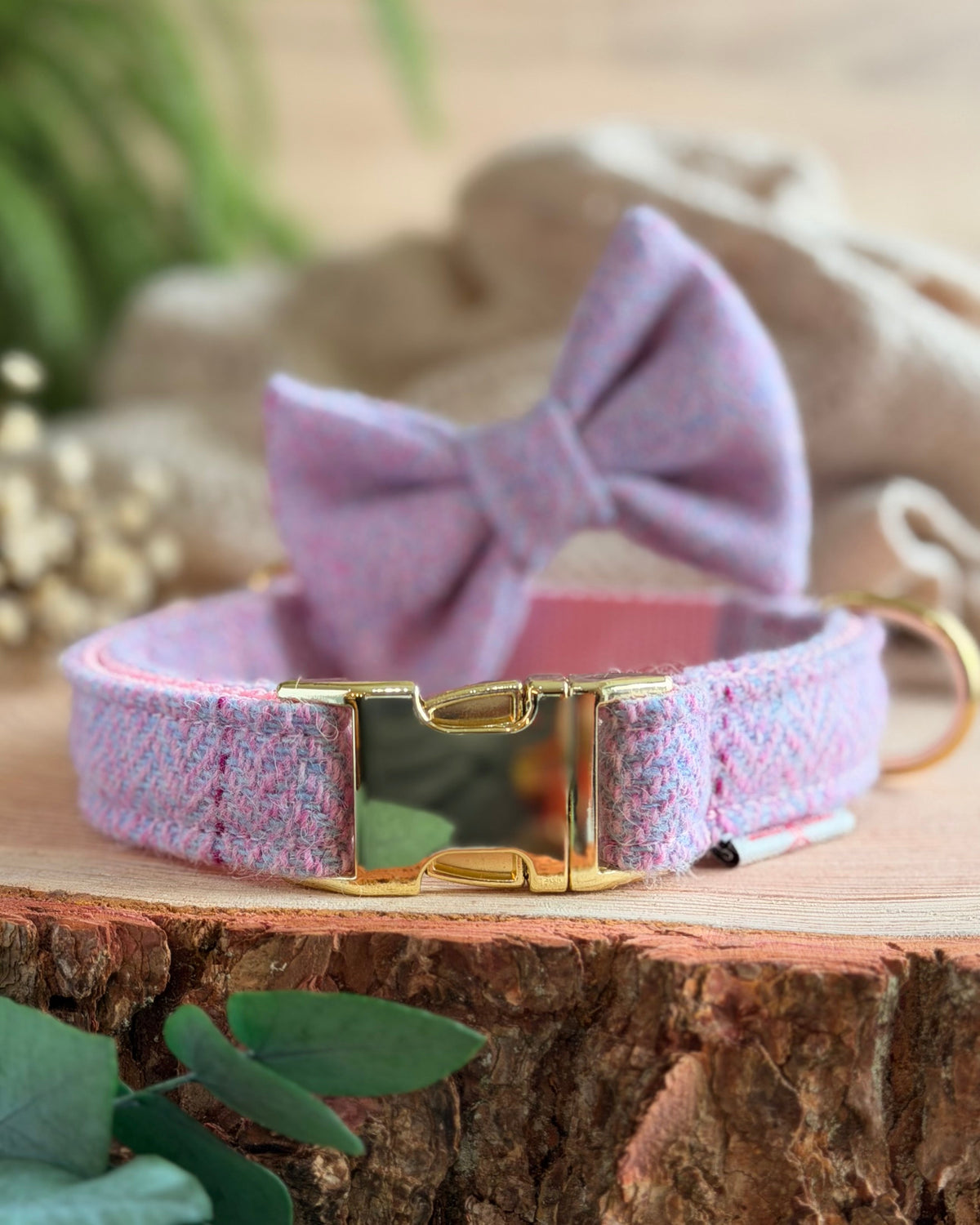 Harris Tweed® Heather Mist Pink Lilac Tweed Dog Collar Bow & Lead Set (Copy) Dash Of Hounds