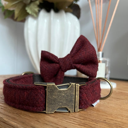 Harris Tweed® Autumn Berry Tweed Dog Collar Bow & Lead Set Dash Of Hounds