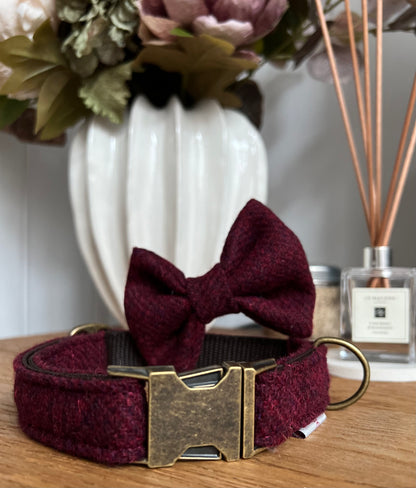 Harris Tweed® Autumn Berry Tweed Dog Collar Bow & Lead Set Dash Of Hounds