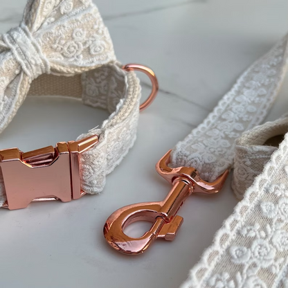 White Lace Wedding Dog Collar, Bow and Lead Set Dash Of Hounds