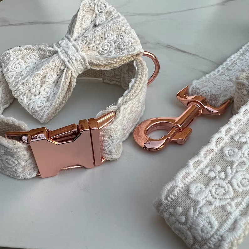 White Lace Wedding Dog Collar, Bow and Lead Set Dash Of Hounds