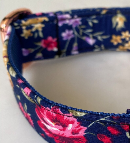 Navy Blue, Lilac & Pink Ditsy Floral Dog Collar, Bow & Lead Set Hunter & Co.