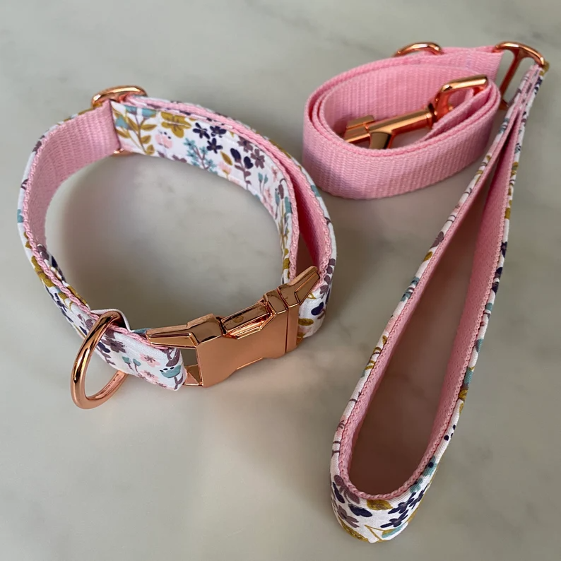 Blue Pink Floral Dog Collar, Bow & Lead Set Hunter & Co.