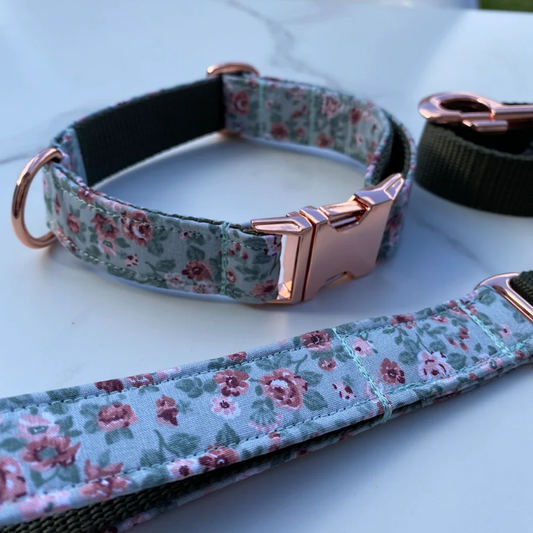 Mint Green Pink Ditsy Floral Dog Collar, Bow & Lead Set Hunter & Co.