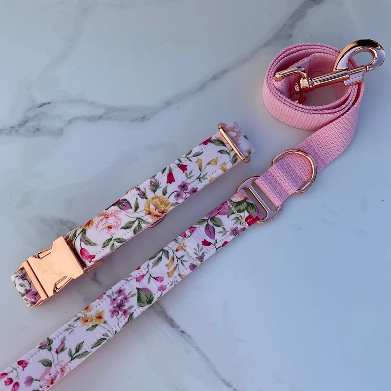 Ivory Pink Ditsy Floral Dog Collar, Bow & Lead Set Hunter & Co.