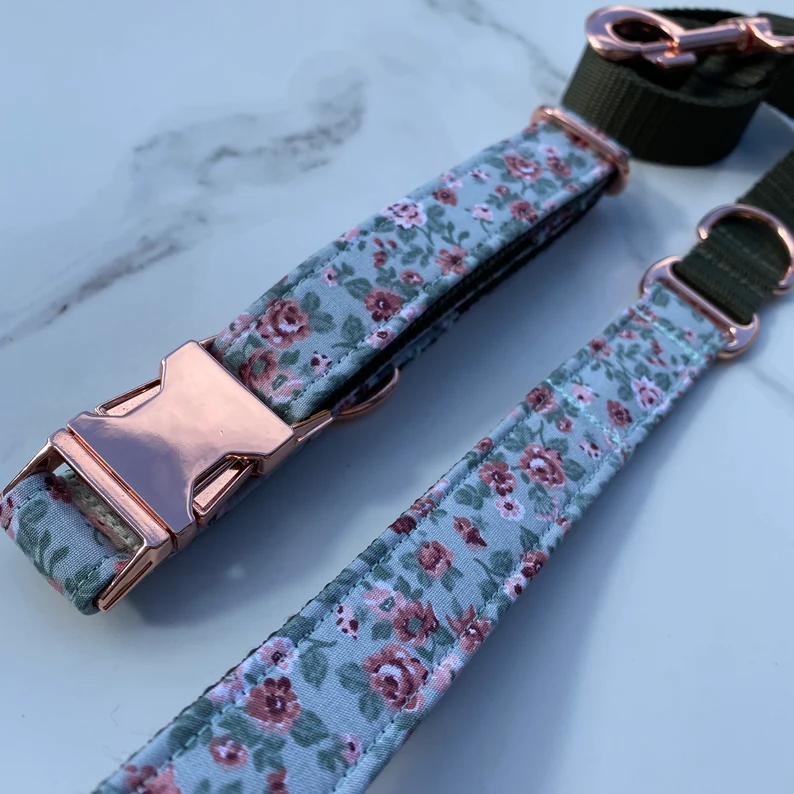 Mint Green Pink Ditsy Floral Dog Collar, Bow & Lead Set Hunter & Co.