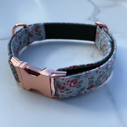 Mint Green Pink Ditsy Floral Dog Collar, Bow & Lead Set Hunter & Co.