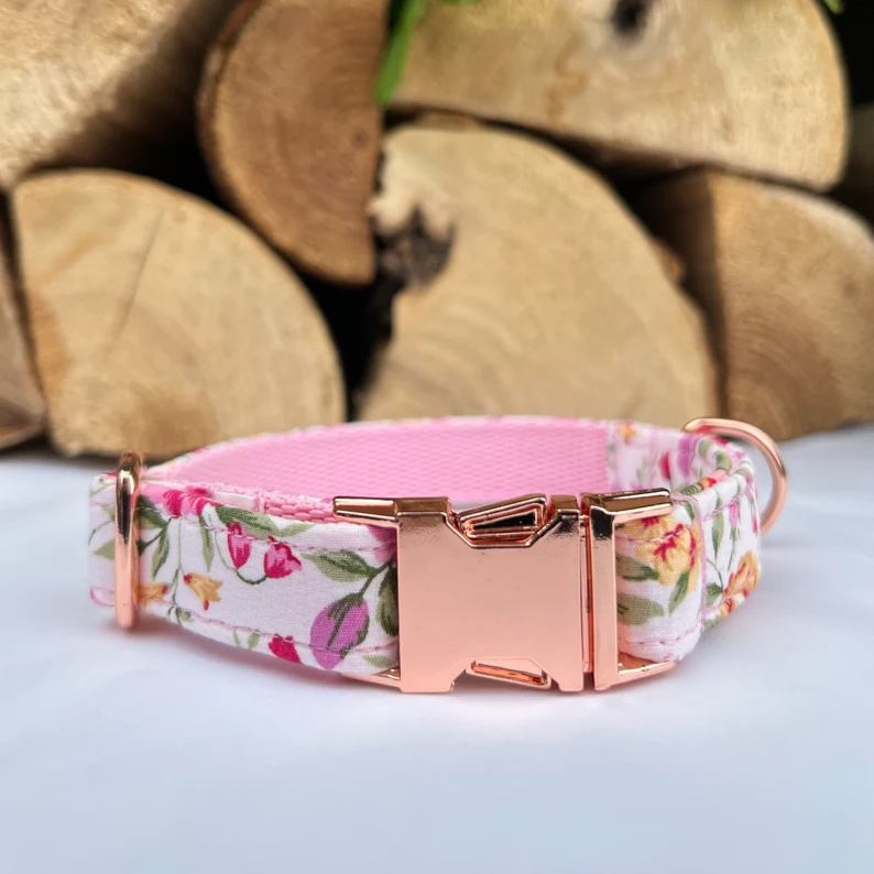 Ivory Pink Ditsy Floral Dog Collar, Bow & Lead Set Hunter & Co.