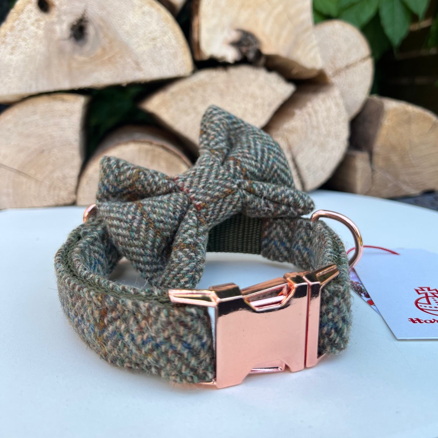 Harris Tweed® Heritage Khaki Green Herringbone Dog Collar Bow & Lead Set Hunter & Co.
