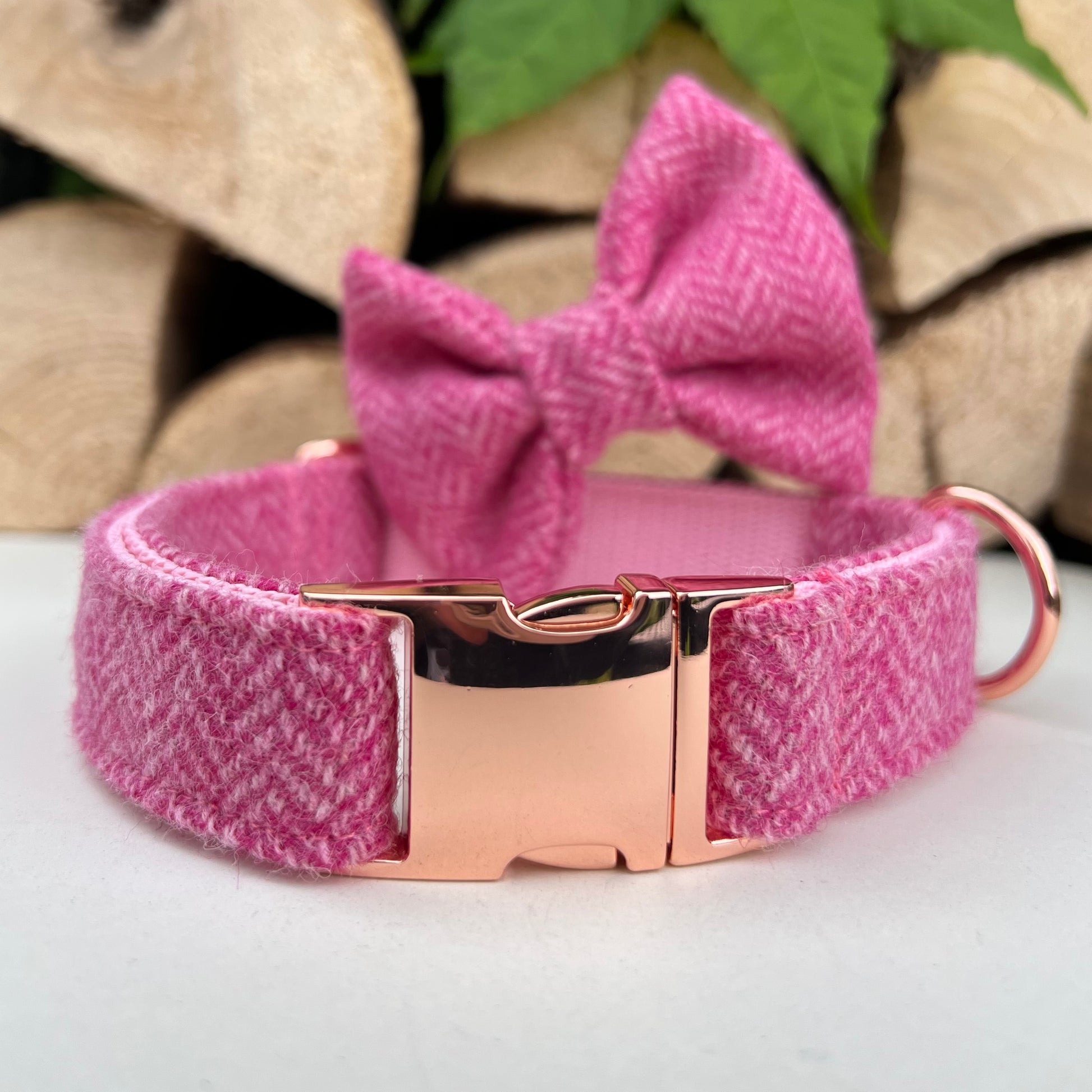 Raspberry Baby Pink Tweed Dog Collar Bow & Lead Set Hunter & Co.
