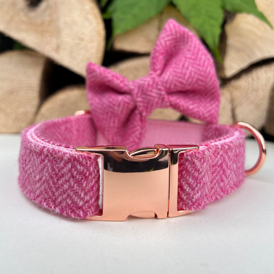 Raspberry Baby Pink Tweed Dog Collar Bow & Lead Set Hunter & Co.