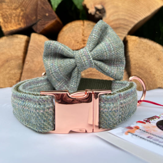 Meadow Green Tweed Dog Collar Bow & Lead Set Hunter & Co.