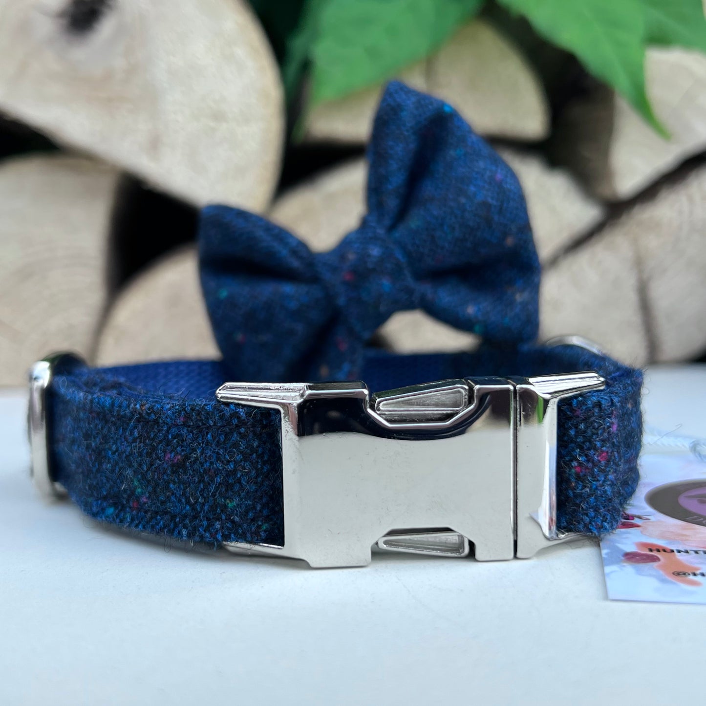 Cosmic Navy Blue Tweed Dog Collar Bow & Lead Set Hunter & Co.