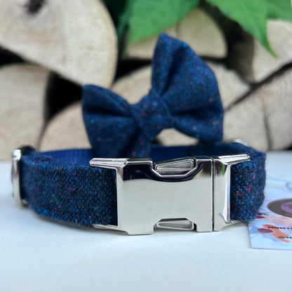 Cosmic Navy Blue Tweed Dog Collar Bow & Lead Set Hunter & Co.