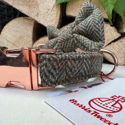 Harris Tweed® Heritage Khaki Green Herringbone Dog Collar Bow & Lead Set Hunter & Co.