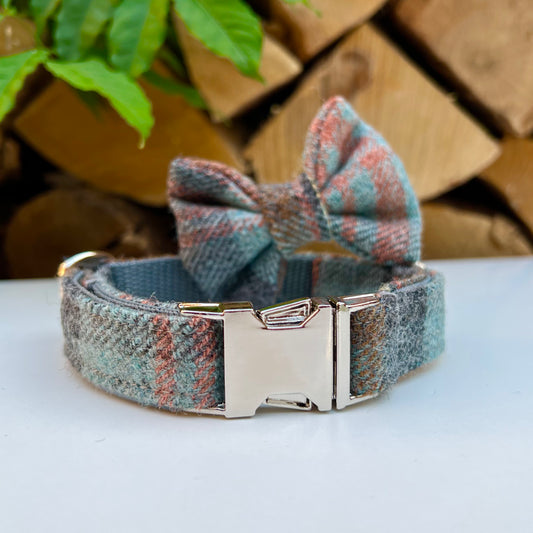 Rose Gold Blue Tweed Dog Collar Bow & Lead Set Hunter & Co.
