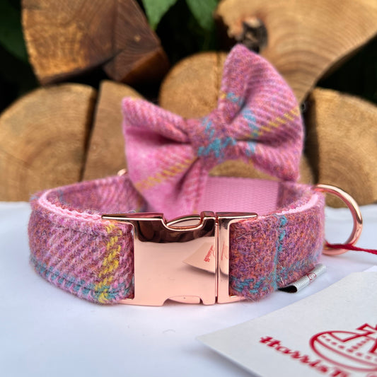 Harris Tweed® Rose Pink Tweed Dog Collar Bow & Lead Set Hunter & Co.