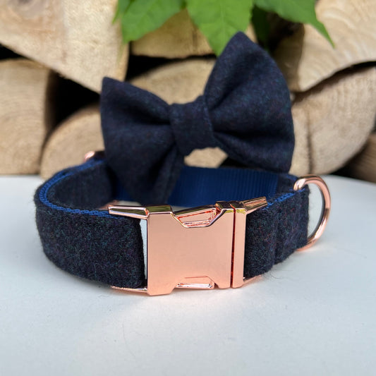Midnight Blue Tweed Dog Collar Bow & Lead Set Hunter & Co.