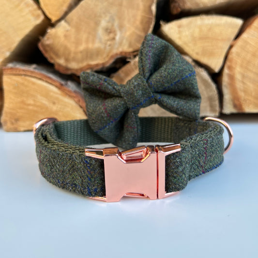 Green Tweed Dog Collar Bow & Lead Set Hunter & Co.