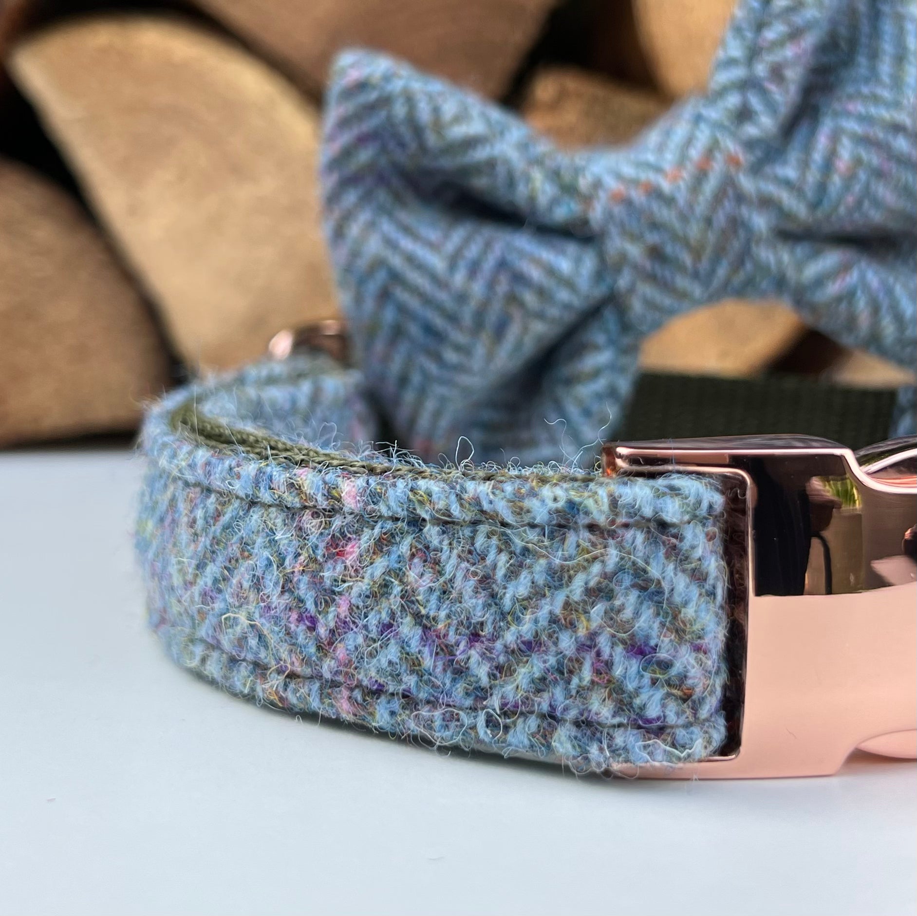 Harris Tweed® Heritage Blue Green Tweed Dog Collar Bow & Lead Set Hunter & Co.