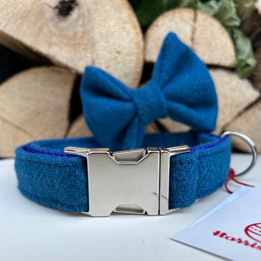 Harris Tweed® Royal Blue Green herringbone Dog Collar Bow & Lead Set Hunter & Co.