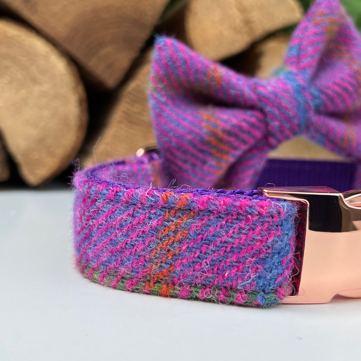 Harris Tweed® Purple Pink Tweed Dog Collar Bow & Lead Set Hunter & Co.