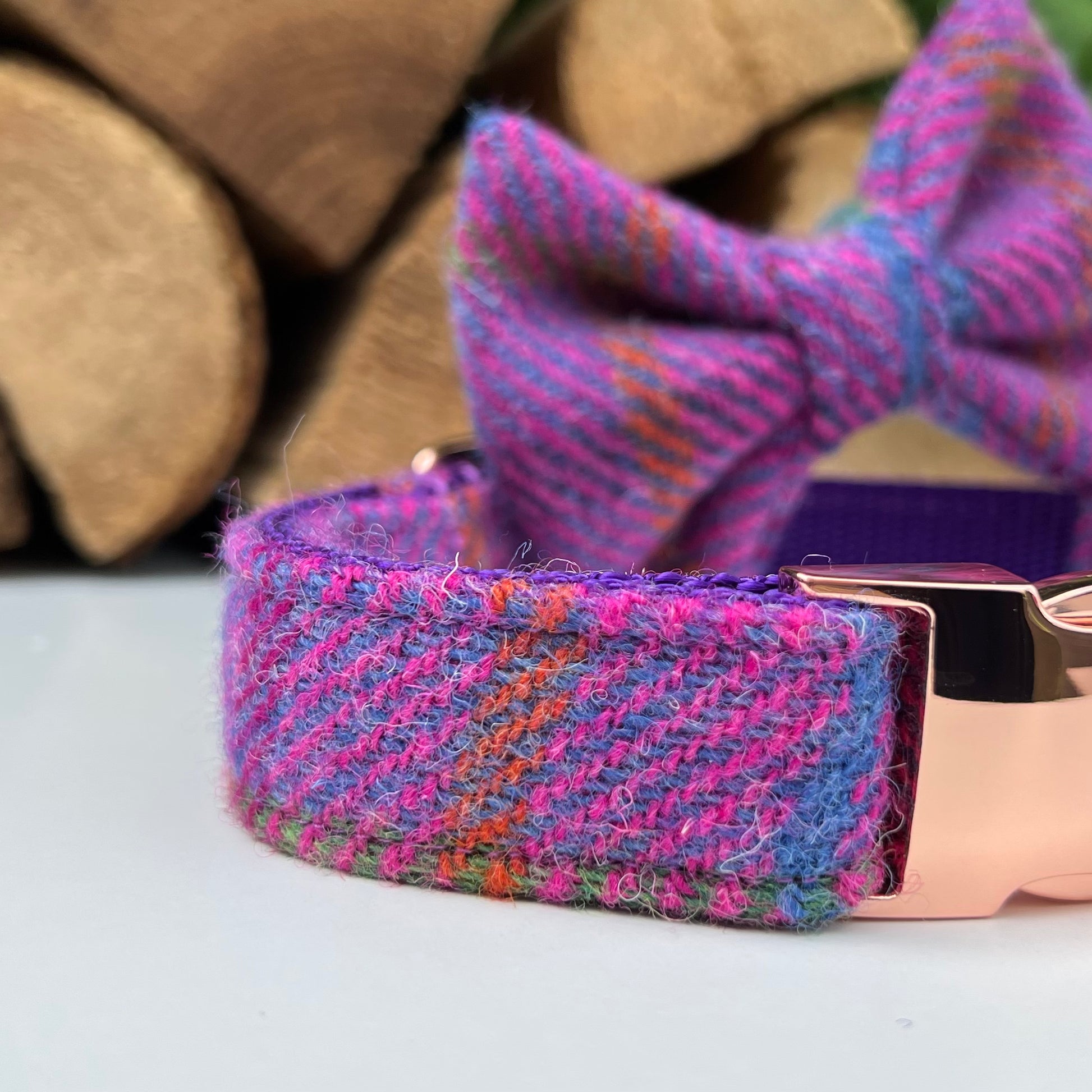 Harris Tweed® Purple Pink Tweed Dog Collar Bow & Lead Set Hunter & Co.