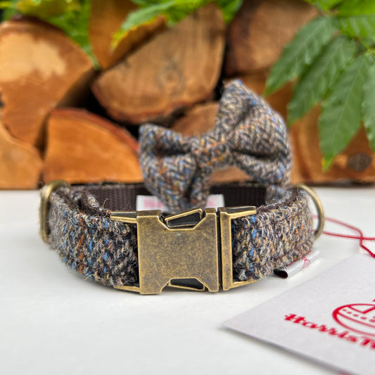 Harris Tweed® Brown Blue Herringbone Dog Collar Bow & Lead Set Hunter & Co.